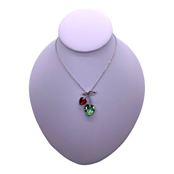 Imitation Red Green Cubic Zirconia Gemstone Cherry Cherries Heart Necklace - Picture 6 of 6